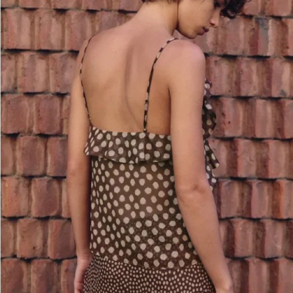 Zara - Flowy Polka Dot Print Ruffle Cami Tank Top Size XL Brown and Cream - Picture 3 of 12